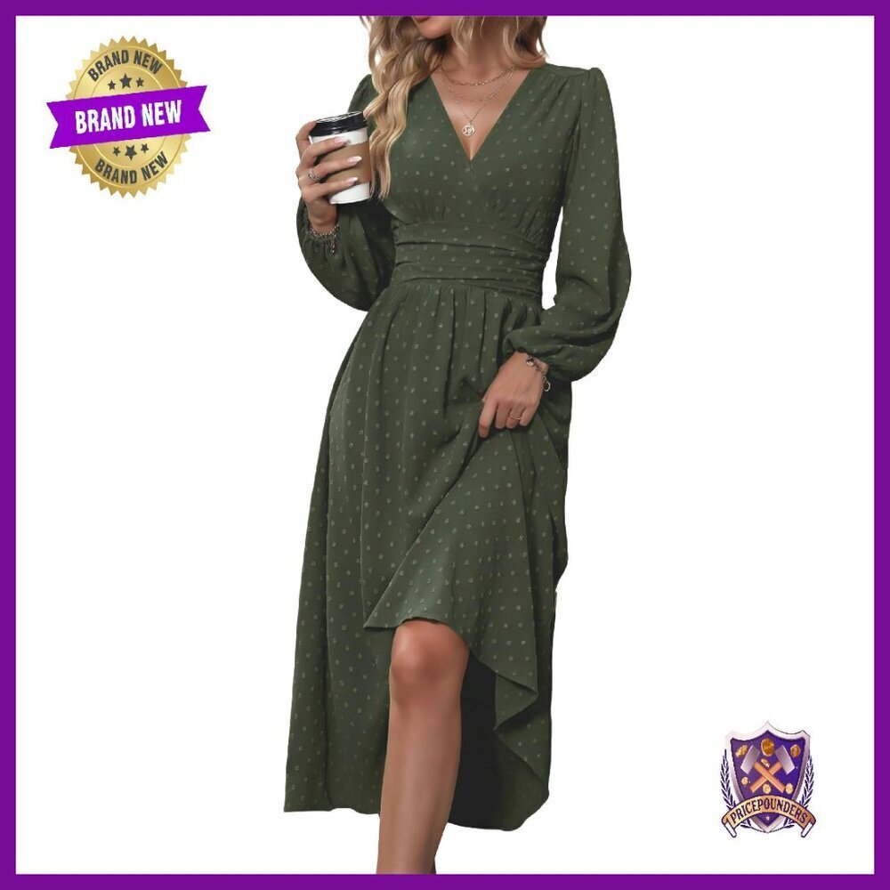 Swiss Dot Maxi Dress V-Neck Long Sleeve Flowy A-Line Casual